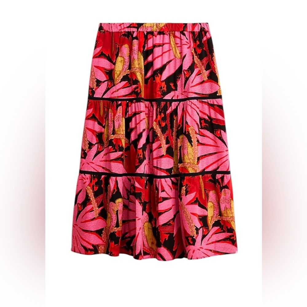 J. Crew Midi Tiered Pull On Skirt Women Size XS Palm Print Tropical Pink Red